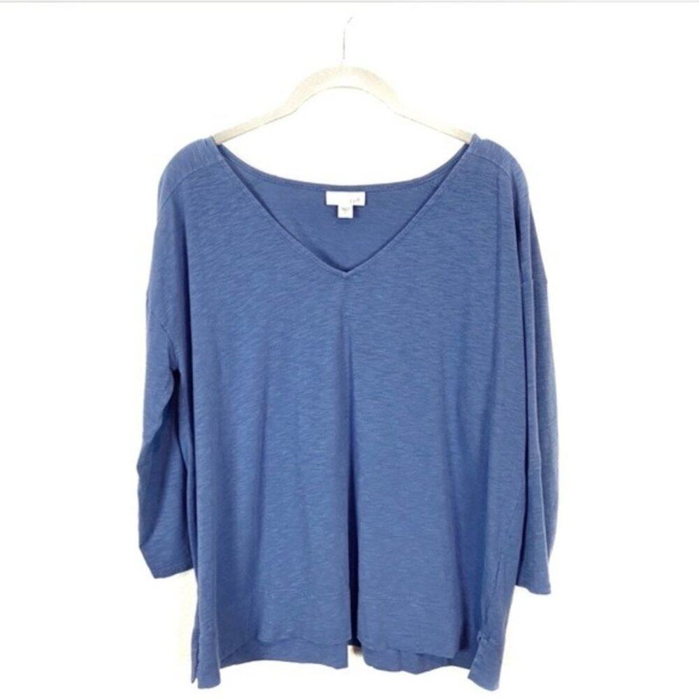 J Jill Shirt Top Space Dye Blue V Neck Knit SZ L Cotton Modal Oversized Slouchy